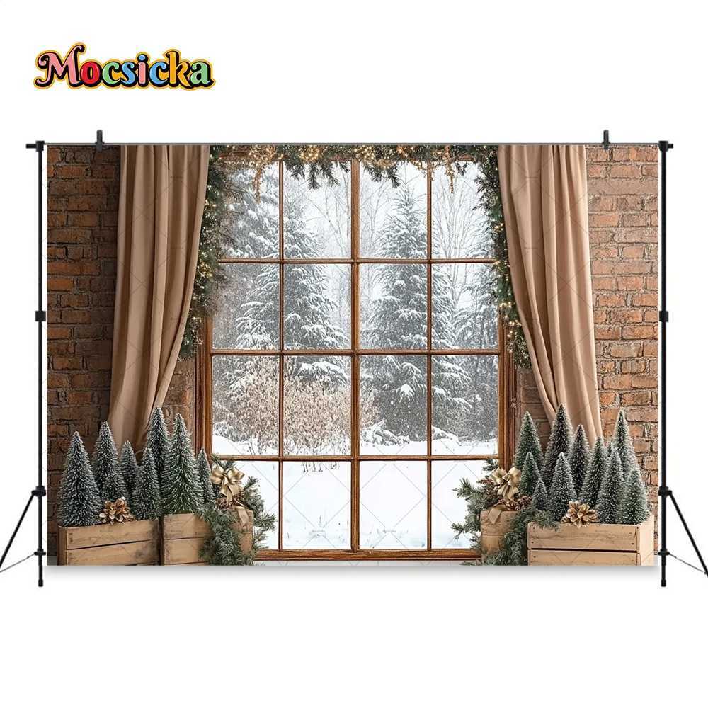 Christmas Room Window Background Photography Brown Curtains Brick Wall Xmas Tree Gift Backdrop Winter Family Indoor Photo StudioM251125