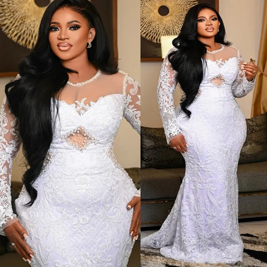 2025 Plus Size African Mermaid Wedding Dress Bridal Gowns For Bride Illusion Sheer Neck Long Sleeves Beaded Lace Rhinestones Wedding Gowns For Black W
