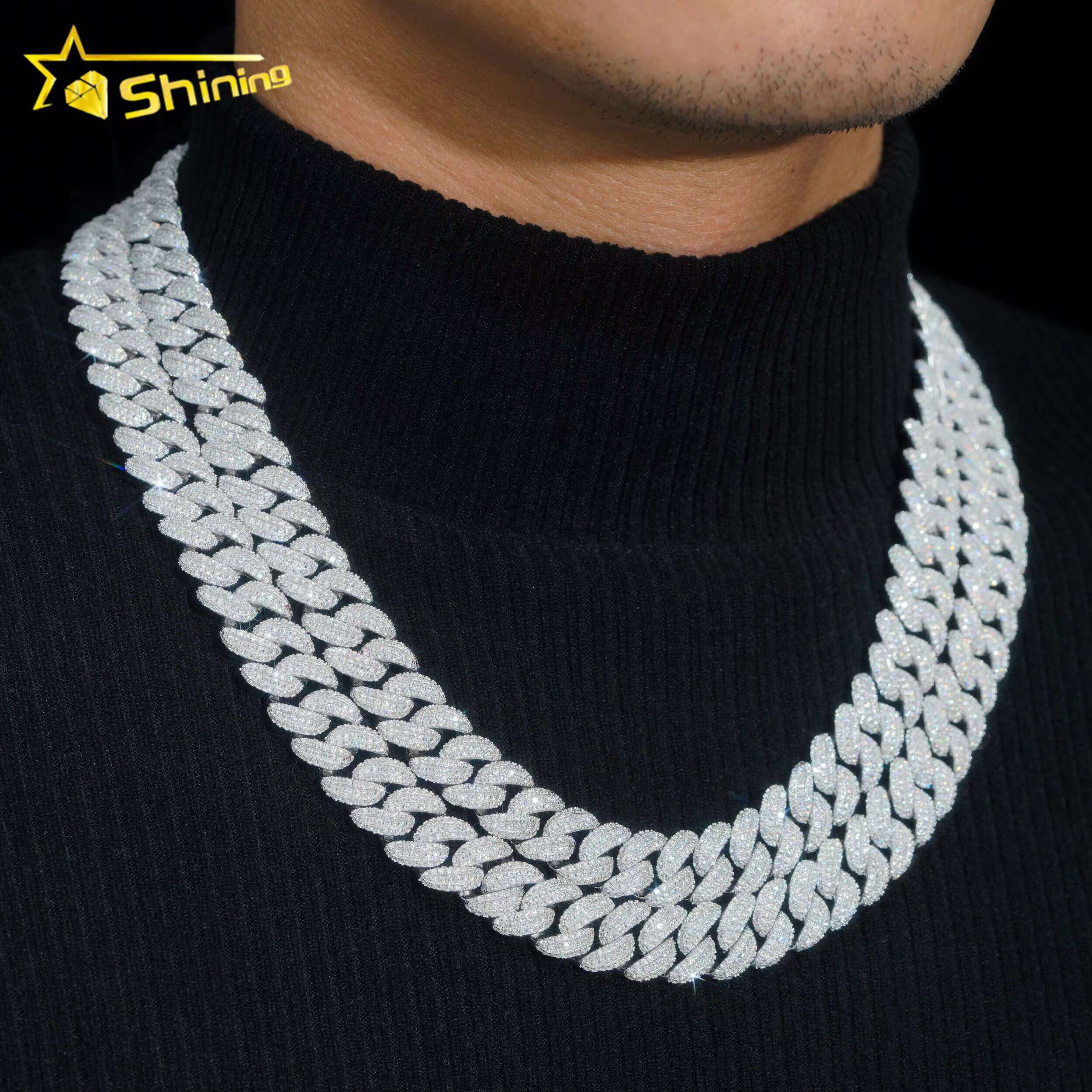 13MM Width Fine Jewelry Men Necklace Sterling Silver 925 VVS Baguette Moissanite Hip Hop Iced Out Cuban Link Chain