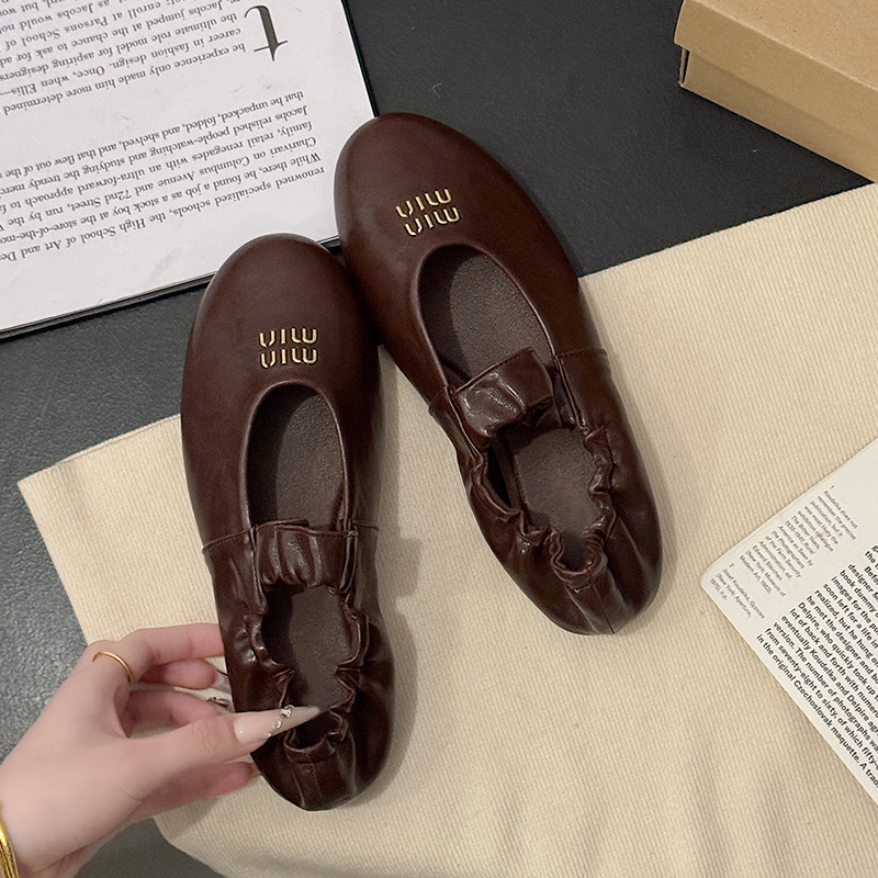 2025 new Comfortable Soft Leather Pleated Ballet Flats for Women All - match Round - toe Mary Jane Flat Leather Shoes