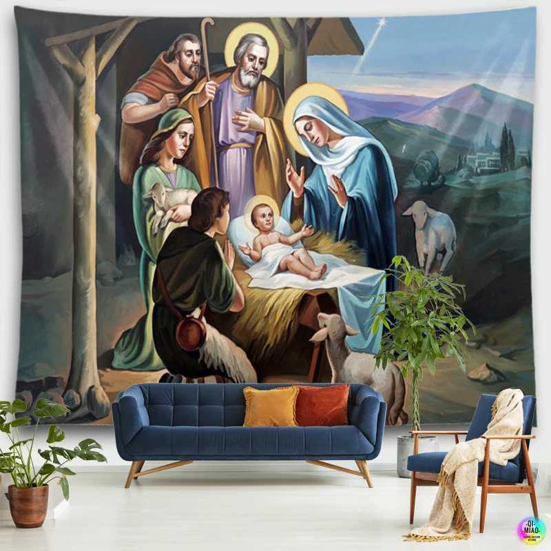 Nativity Scene Tapestry Jesus Birth Manger Barn Wall Hanging Angel Easter Christmas Wall Decor Christ Tapestries Room DecorationM251125