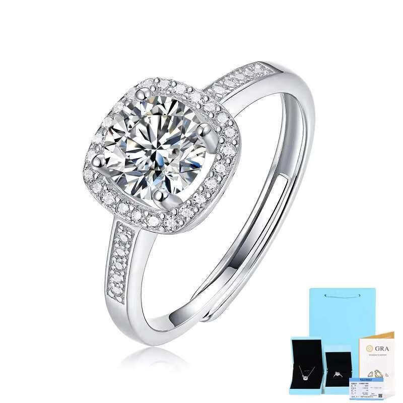 S925 Silver Adjustable Moissanite Ring New Fashionable Square Inlaid Finger Ring With Stylish New Gift Packaging