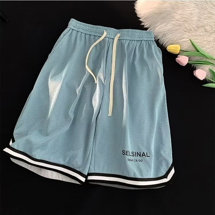 Short men's new outfit, casual, loose, breathable, ice silk mesh basketball sports five quarter pants for summer