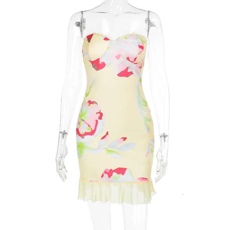 Dongdumaoyi Townlike Ruffles Print Slim Bodycon Dress Women Strapless Mini Spring Summer Mesh Niughtclub Sexy Party Dresses
