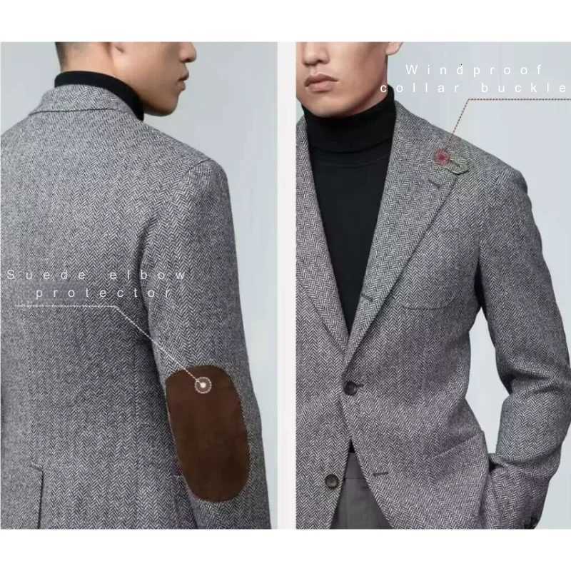 Mens Classic Herringbone Tweed Hunting Jackets Blazer Three Buttons Sport Coats Wool Blend Coat with Three PocketsT251125