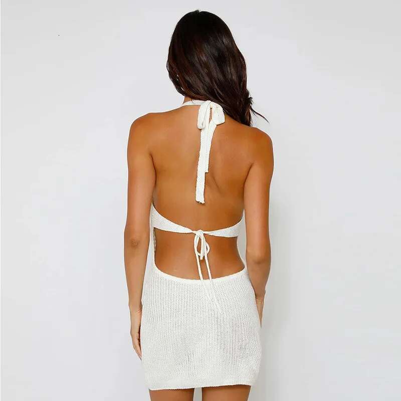 Dongdumaoyi Townlike Hollow Out Knitted Slim Bodycon Dress Women Halter Mini Spring Summer V Neck Backless Sexy Party Dresses