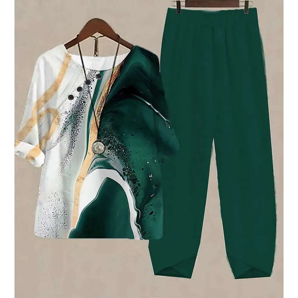 New Two Piece Set Women Casual O Neck Short Sleeve Stripe Printed Fit Summer Ladies Tops T Shirt Elegant Loose Pants Suits Fall