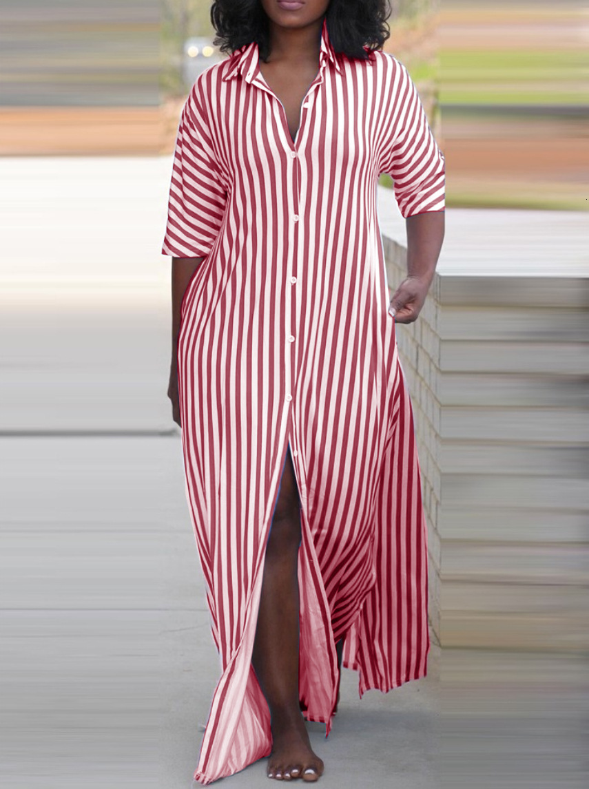 2024 Summer Fashion Loose V-neck Long Striped Shirt Dress for Women