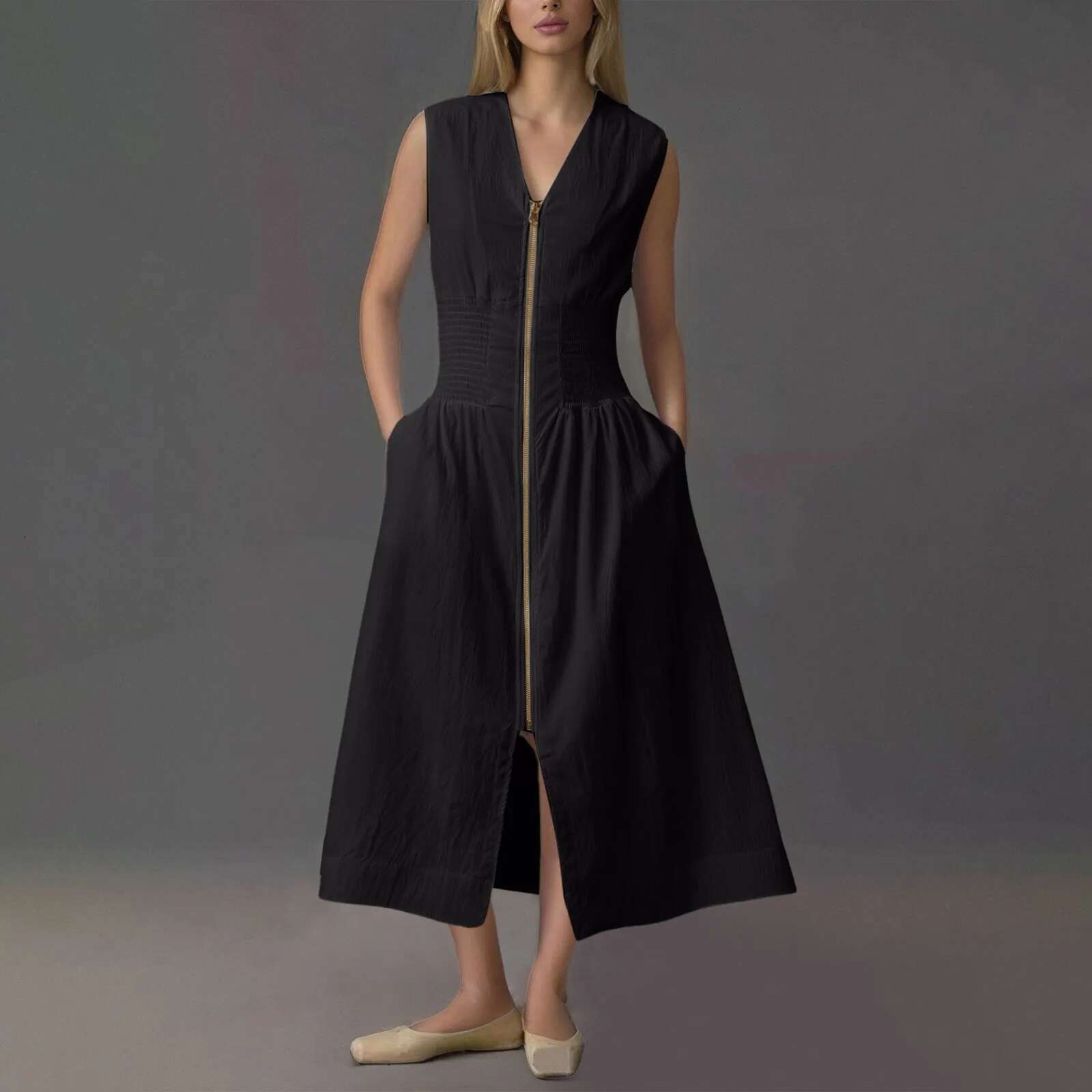 Dongdumaoyi New Zip Up Dresses Female Stylish Solid Color Zipper Maxi Sleeveless Casual Office A Line Long Dress For Women