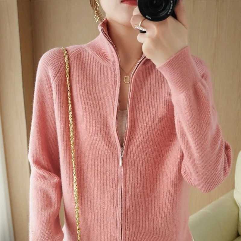 Solid Color Zipper Jacket Autumn New Knitted Sweater Cardigan Womens Standing High Neck Loose Slimming Knitted Sweater SpringT251125