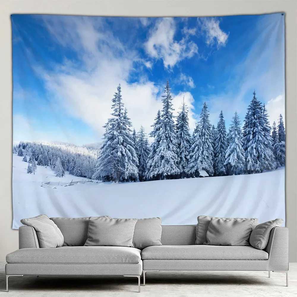 Outdoors Winter Forest Snow Scene Tapestry Wall Hanging Christmas Tree Happy New Year Bedroom Patio Wall Hanging Mural Art DecorM251125