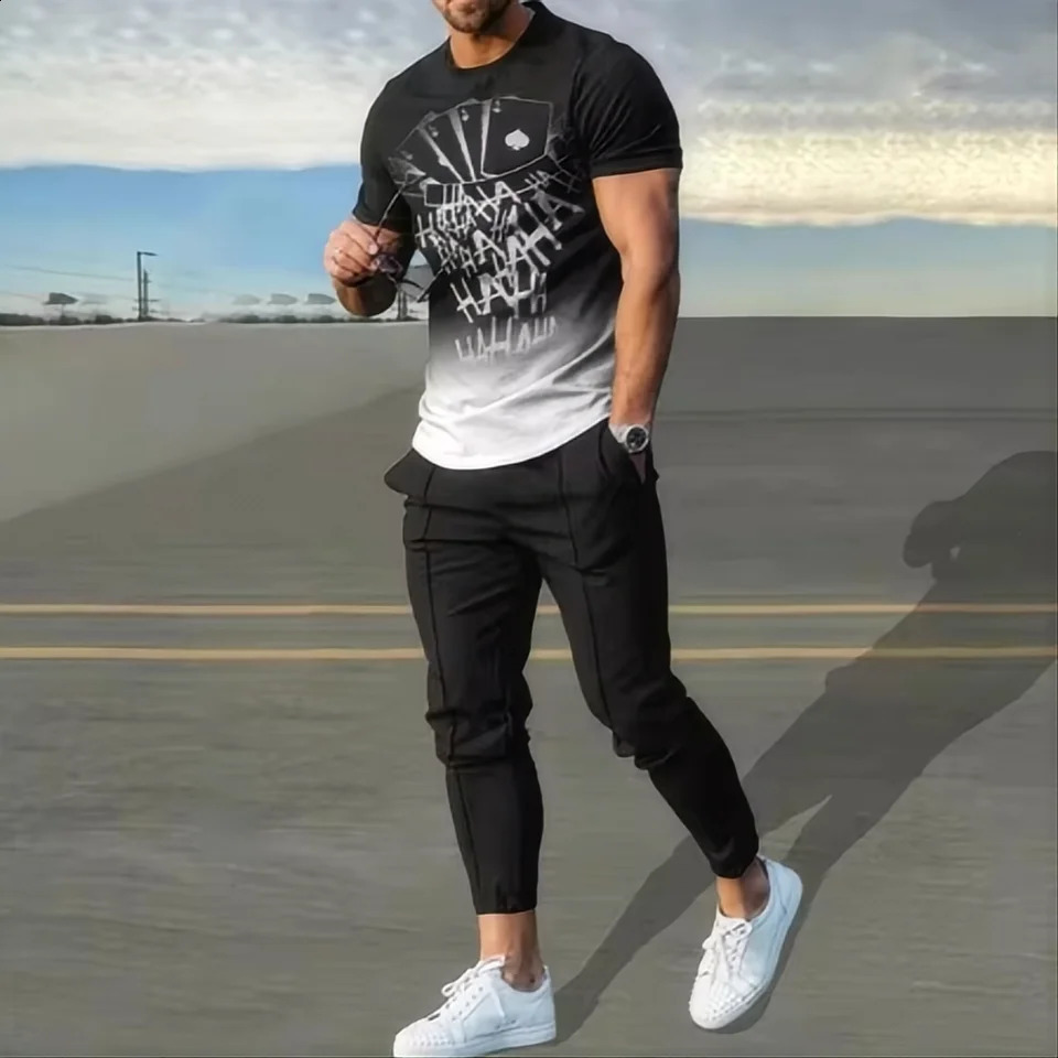 Summer mens sportswear set short sleeved T-shirt long pants two-piece set mens sportswear 3D printing casual trend exceeds the standard 250422