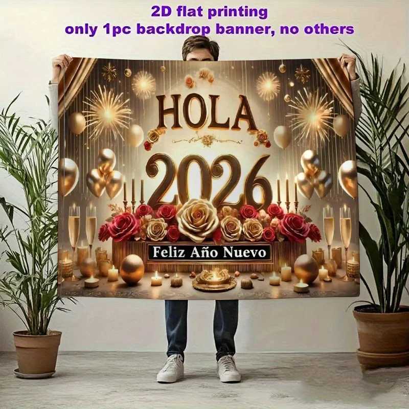 VIKAMA 2026 New Year Spanish Tapestry Golden Rose Fireworks Balloon Background Cloth New Year Party DecorationM251125