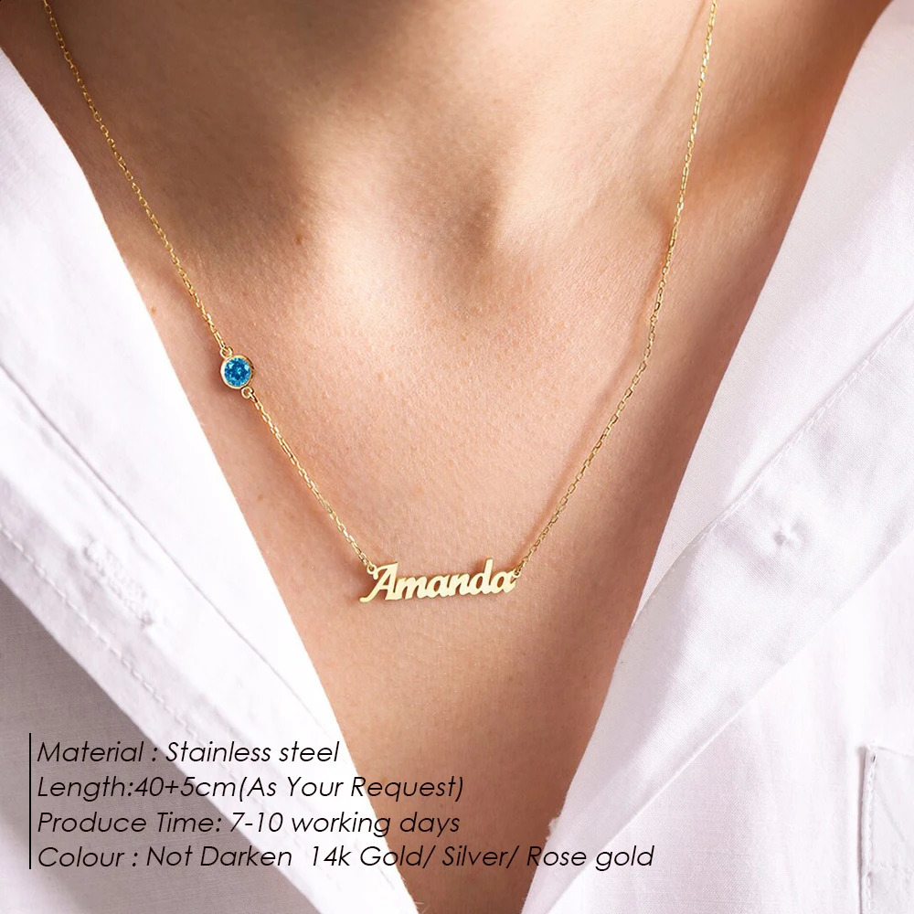 SUNIBI DIY Birthstone Customized Fashion Stainless Steel Name Necklace Personalized Letter Choker Necklace Pendant Nameplate Gi 250425
