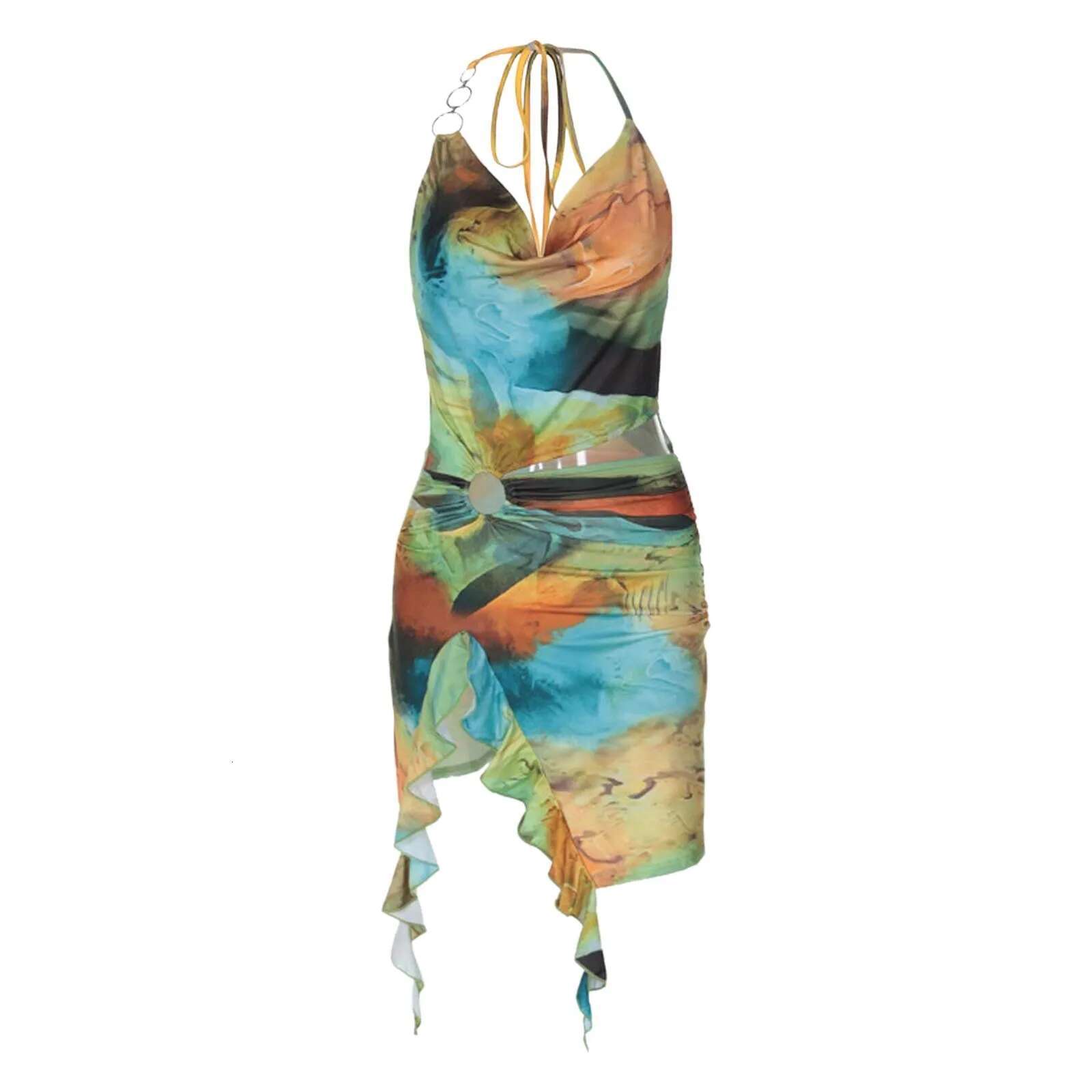 Dongdumaoyi Irregular Sexy Dress Halter Neck Print Ruffles Mini Women Summer Backless O Rings Cut Out Night Vacation Outfit