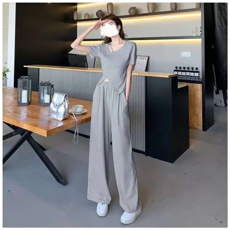 Summer New High-End Niche Irregular Fashion Suit Loose High Waist Slim Fit Fashionable Wide Leg Pants Two-Piece Set