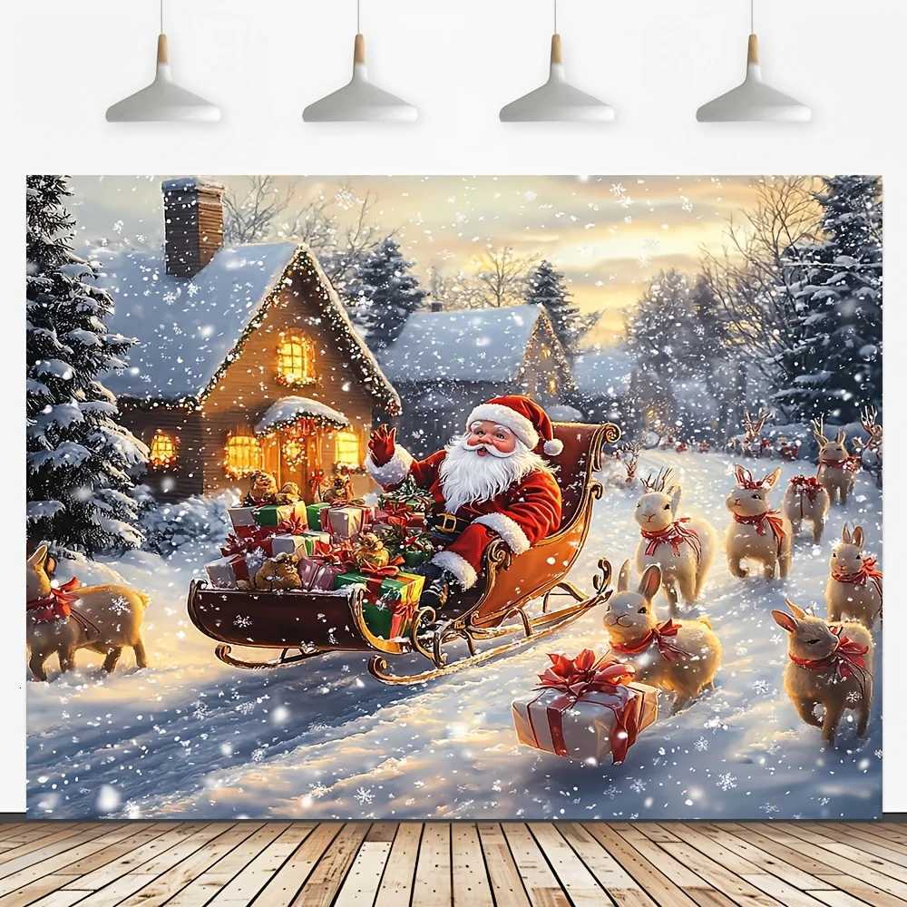 tapestry1pc Merry Christmas Decorative Banner Santa Claus and Reindeer Sleigh Background 100 PolyesterM251125
