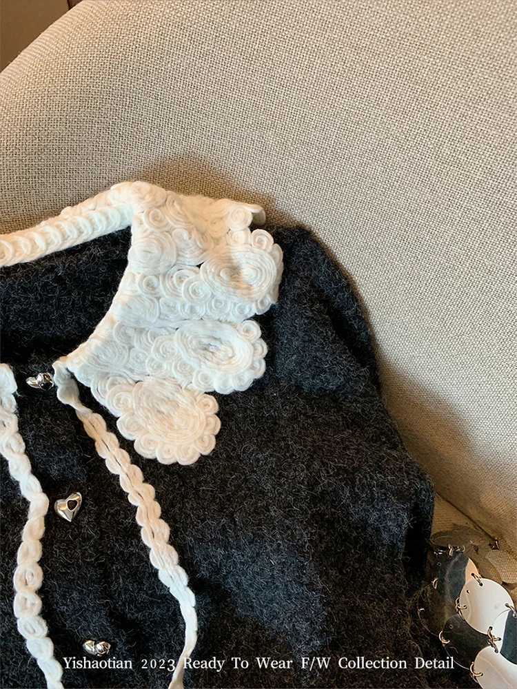 French Peter Pan Collar Luxury Cardigans Lace Up Slim Chic Womens New Knitwear 2023 Autumn Winter Streetwear Japanese FashionT251125