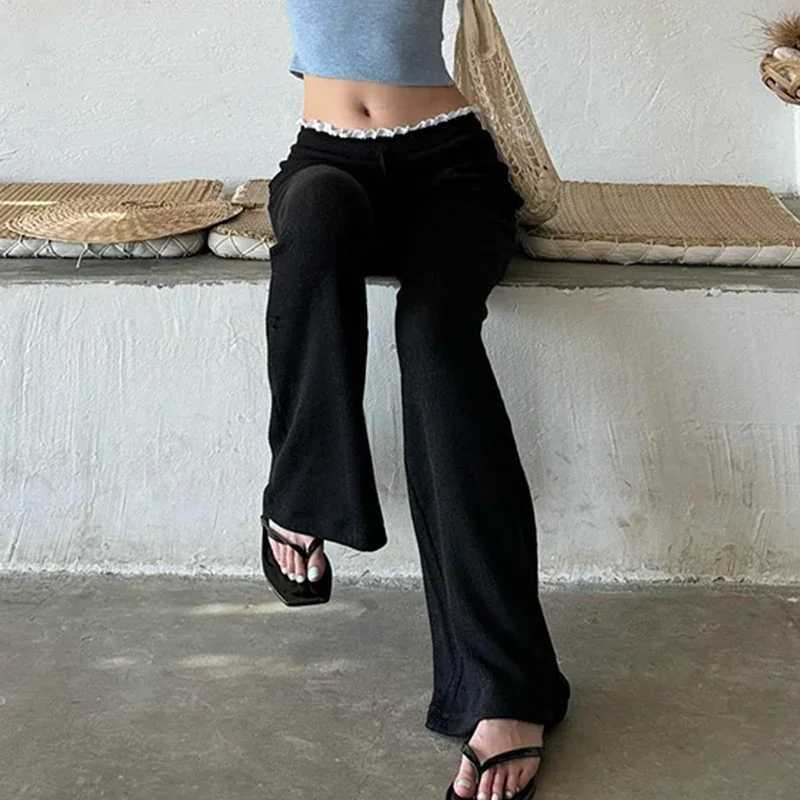 Y2K Sweet Contrast Ruched Lace up High Waist Flared Pants Womens Casual Slim Fit Elastic Sports Pants TrouserC250425