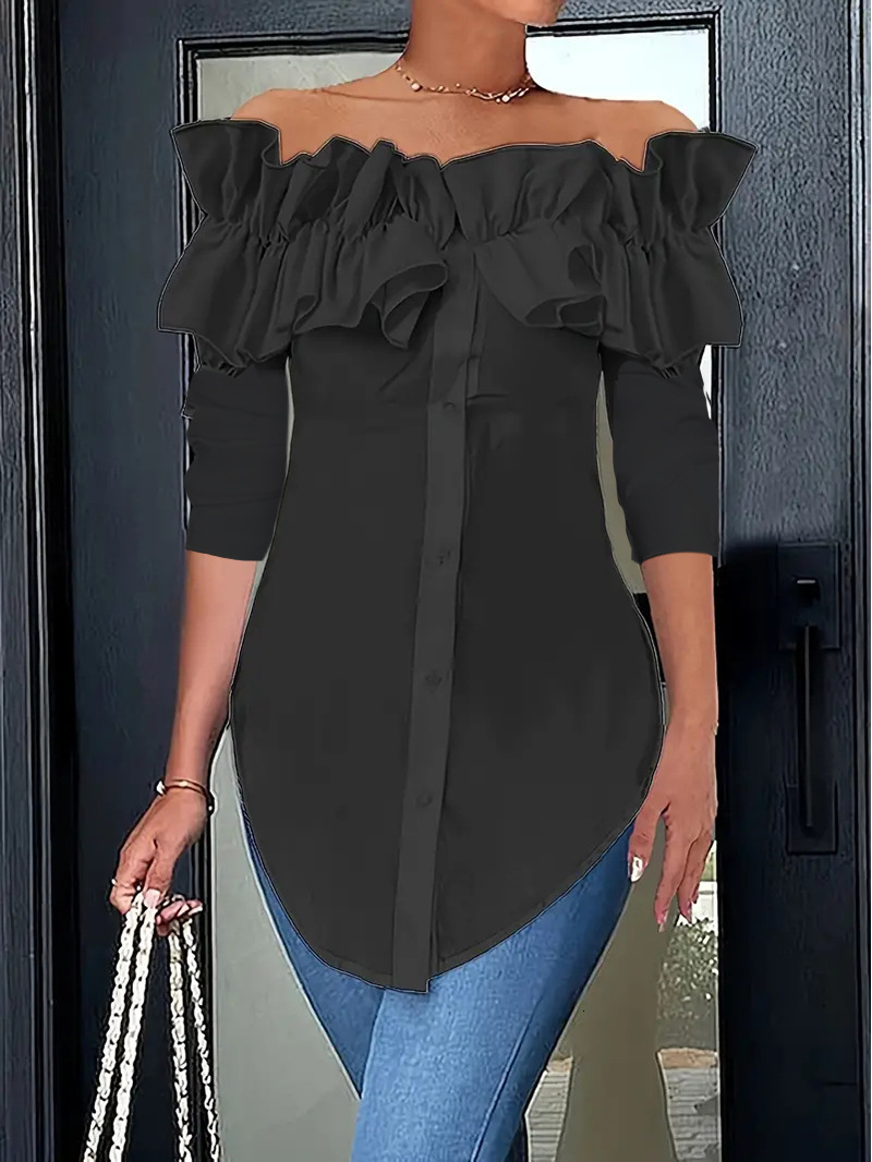 2024 autumn simple solid color one shoulder lotus leaf edge shirt top for women