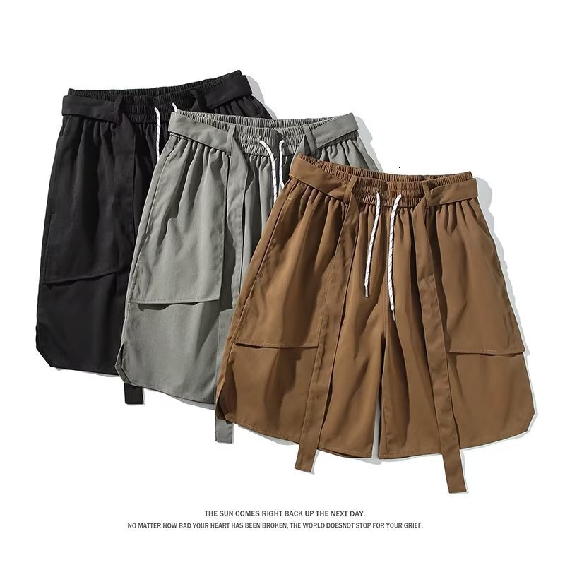 2025 plus pocket ice silk workwear shorts for male female summer students, handsome guys, loose and trendy casual five quarter pants