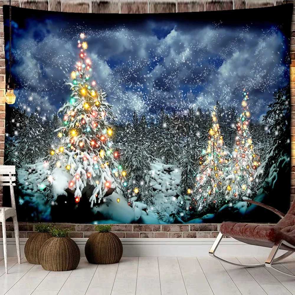 Christmas Woods Snow Scene Tapestry Wall Hanging New Year Gift Elk Bohemian Style Bed Curtain Dormitory Home DecorM251125