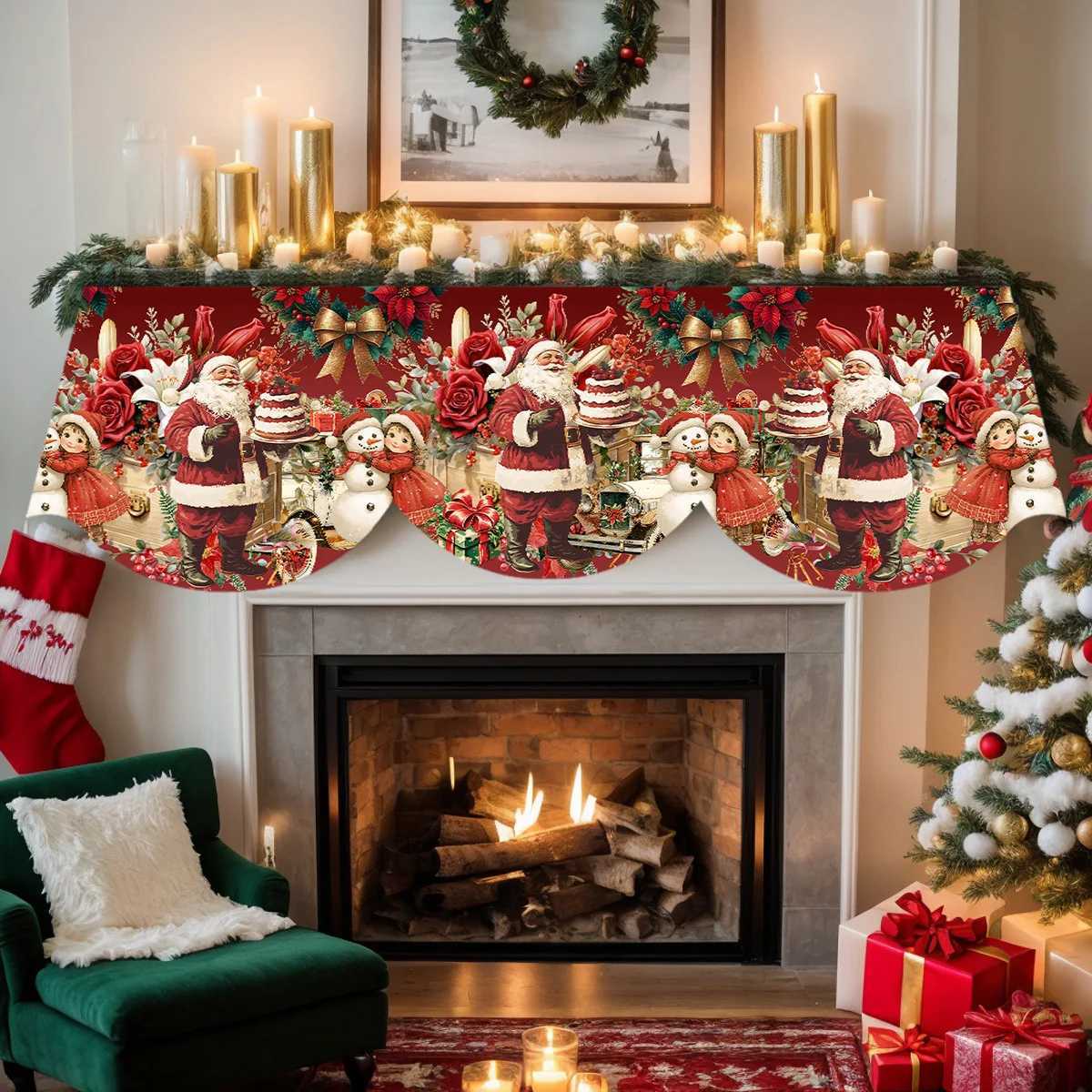 1 Piece Christmas Themed Fireplace Scarf with Santa Claus Bow Snowman and Floral Pattern Atmospheric Fireplace DecorationM251125
