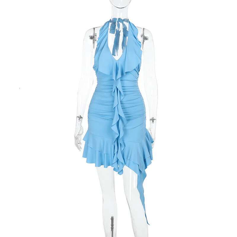 Dongdumaoyi Townlike Waist Wrap A Line Pleated Dress Women Halter Mini Spring Summer Ruffles Backless Sexy Party Dresses