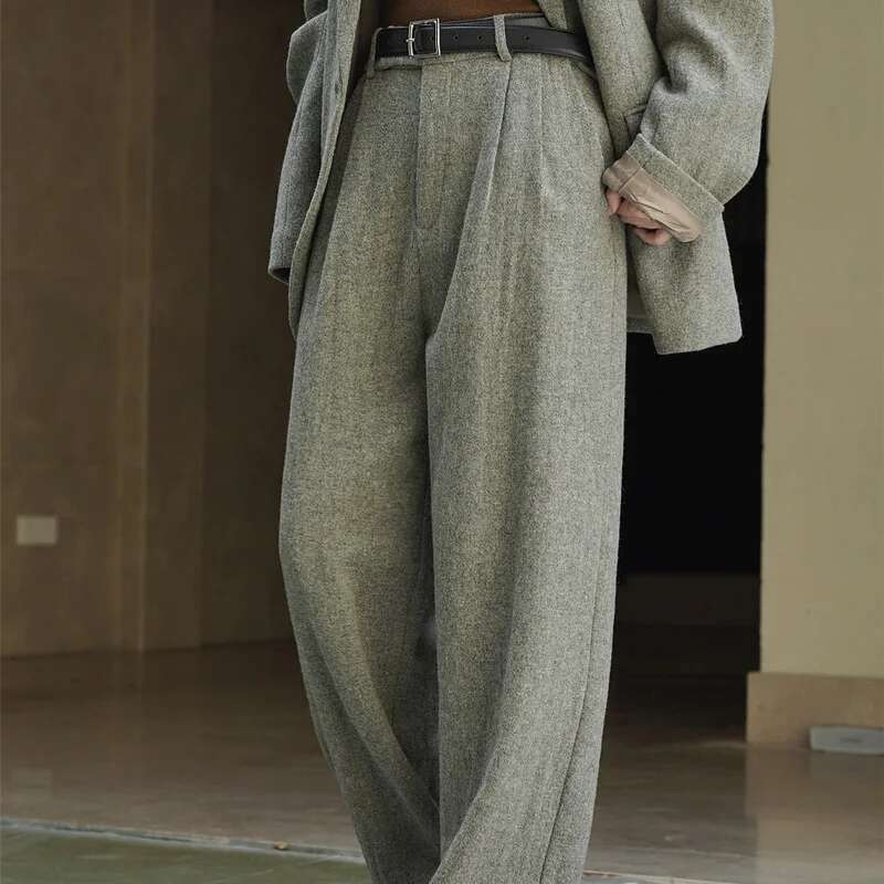 Women's High Waist Wide Leg Pants Autumn Winter Wool Casual Solid Color Loose Fit Trousers