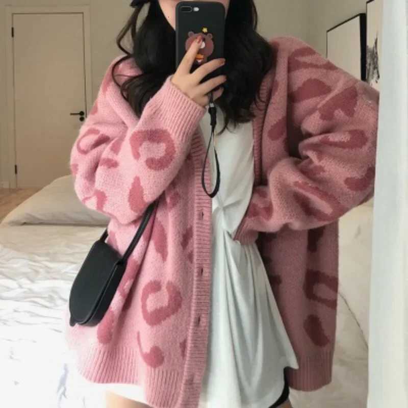 Pink V-neck leopard print sweater womens autumn Korean version loose fit slimming sweater knitted cardigan jacketT251125