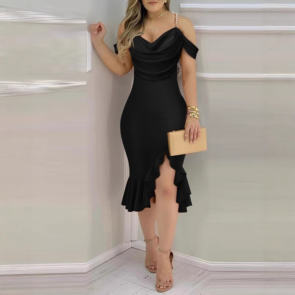 2024 New Pearl Chain Decorative Fake Two piece Swinging Collar Dress