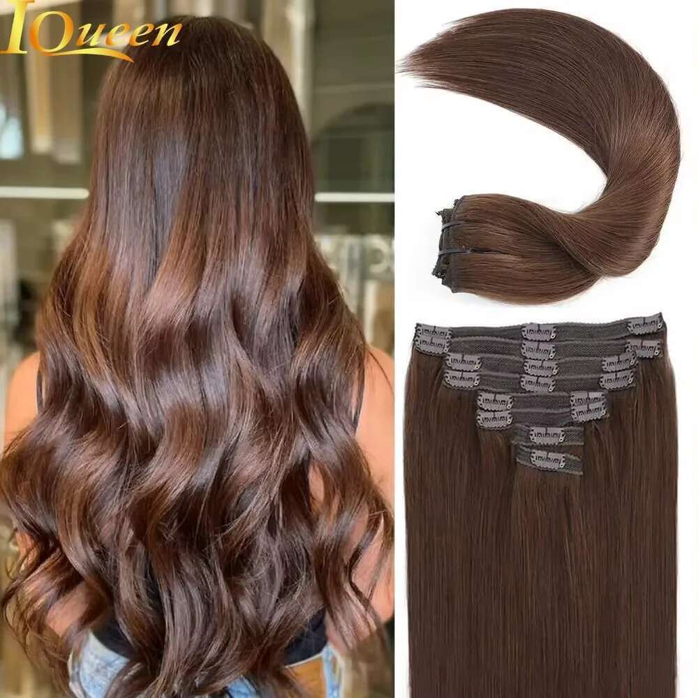 Real Human Color #4 Chocolate Brown Clip In Extensions 8Pcs Hair Natural Black Color 24 Inches