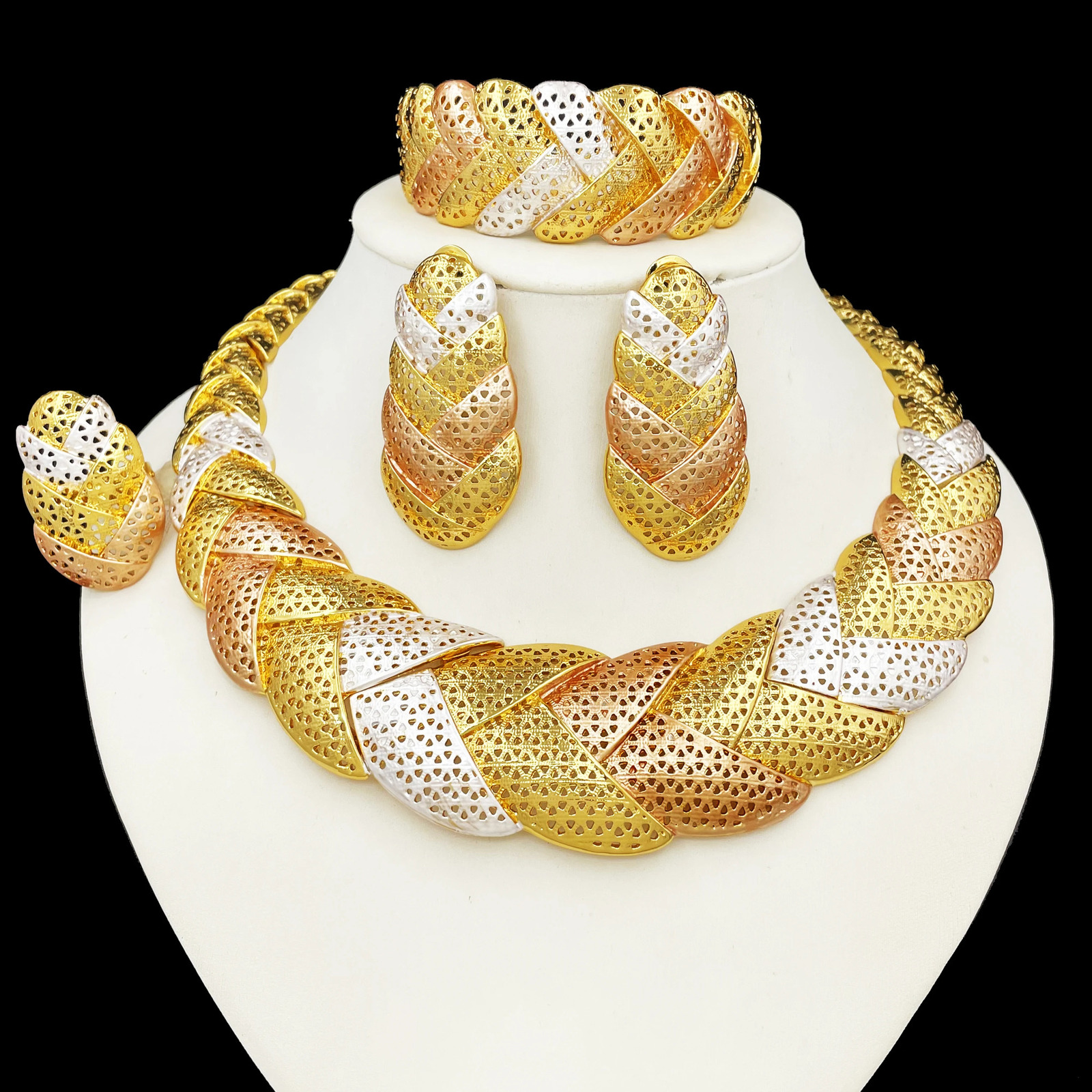 Italy 18k Gold Plated Women Jewelry Set Classic Two Tone Round Necklace Earrings Bangle And Ring Full Set Jewelry 250417