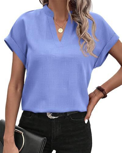 2024 summer simple and fashionable V-neck short sleeved linen shirt for women