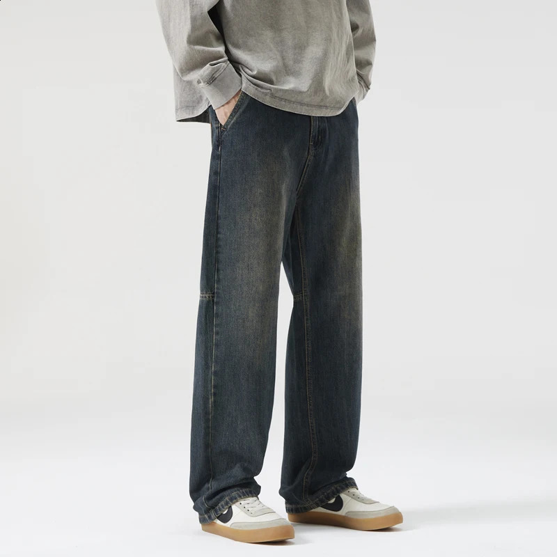 Retro fashion autumn jeans mens straight pocket street clothing patchwork Korean personality casual blue gray Trouser 250409