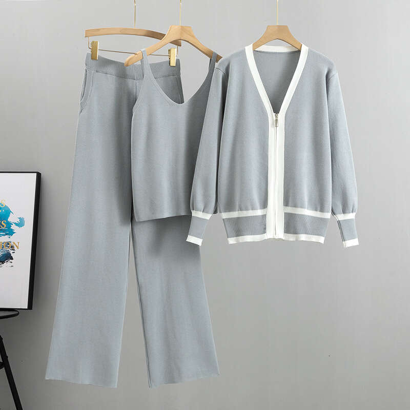 2025 Summer and Autumn New Womens Knitted Cardigan Camisole Wide Leg Pants Three Piece Set European Trend Long Fashion Ventilation New Pattern New Arr