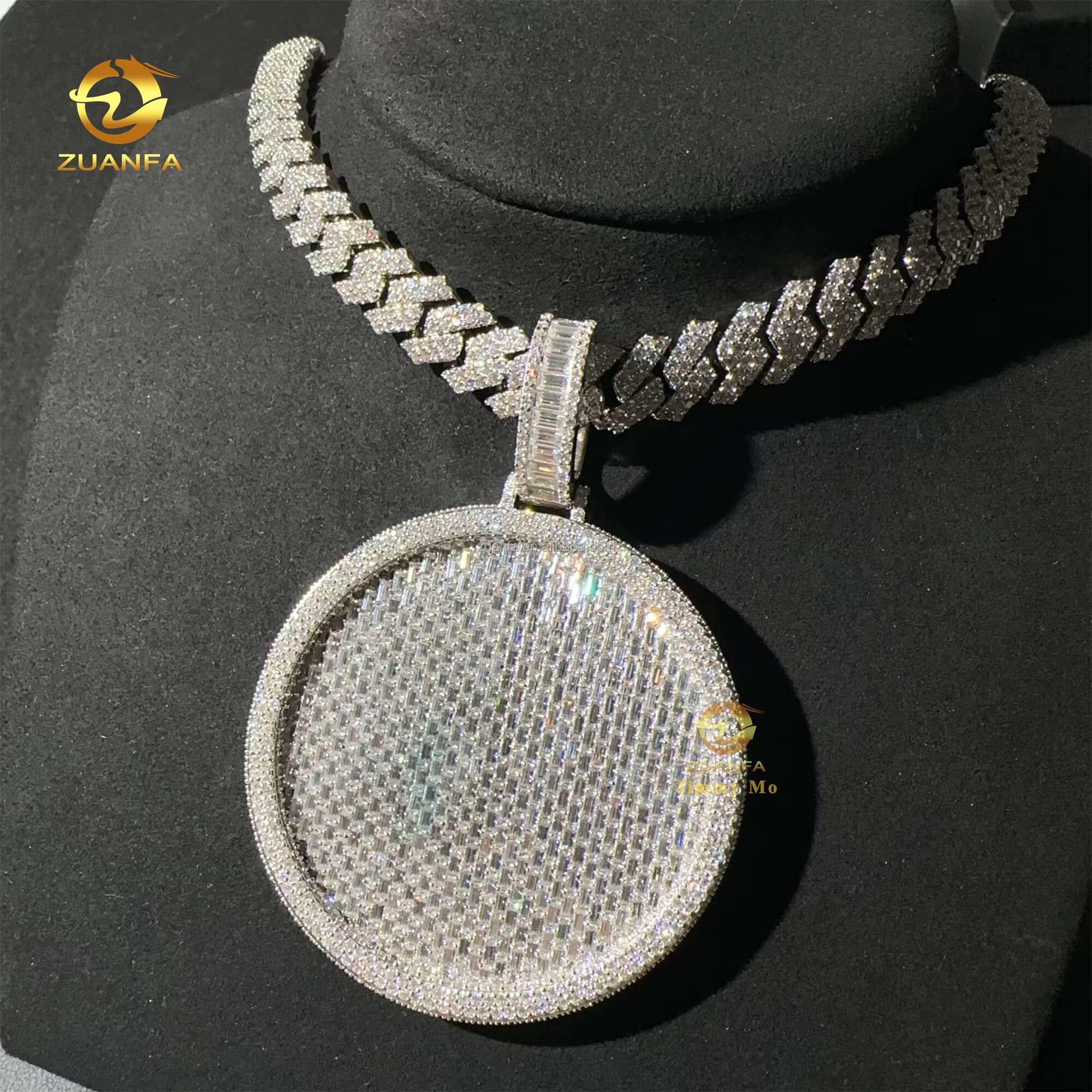 Customized Iced Out 3D Fully Iced Out Jewelry Prong Setting FL Moissanite Diamond Round Circle Pendant Miami Cuban Link Set Man