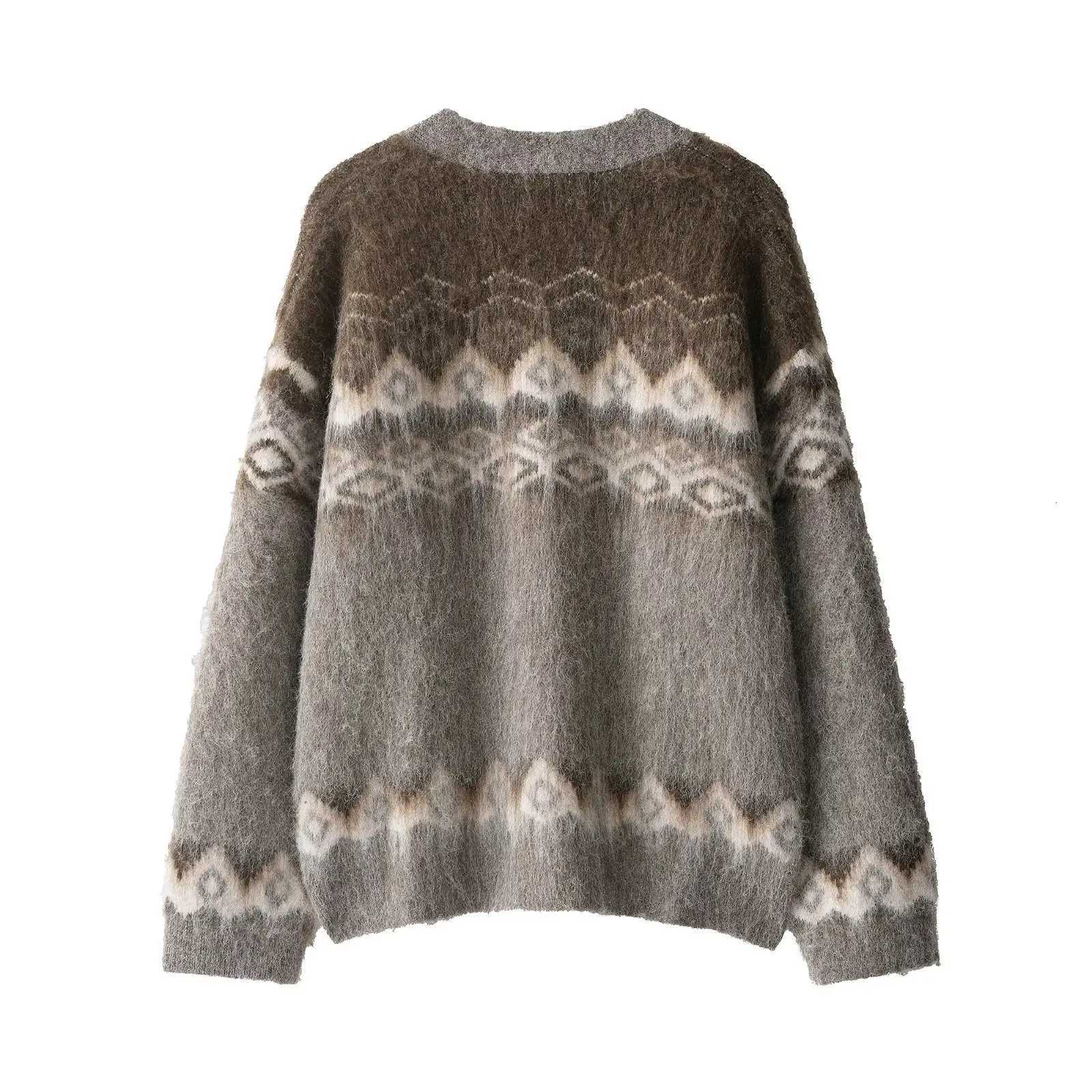 Womans Jacquard Knitted Cardigan Loose V-neck Button-down Lazy Style Elastic Hem Jacket Soft Versatile Early Autumn New SweaterT251125