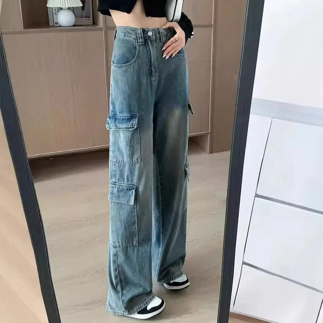 American style retro wide leg denim jeans suitable for womens casual straight pants with a loose feel autumn fashion 250417