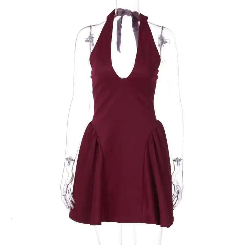 Dongdumaoyi Townlike Waist Wrap A Line Pleated Dress Women Halter Mini Summer V Neck Backless Nightclub Sexy Party Dresses