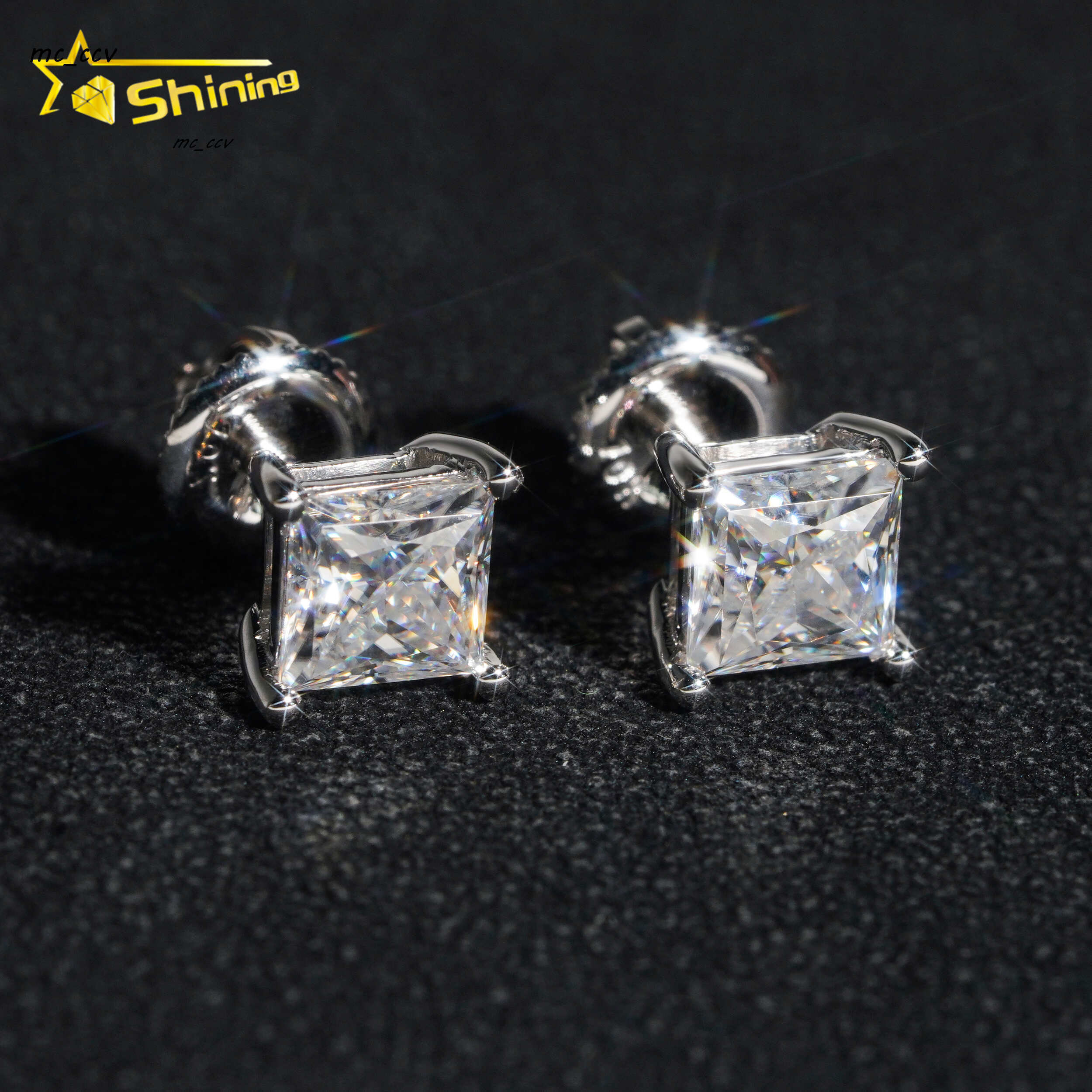Dropshipping Real Gold Jewelry 10k Solid Gold Princess Cut Moissanite Screw Back Stud Earring