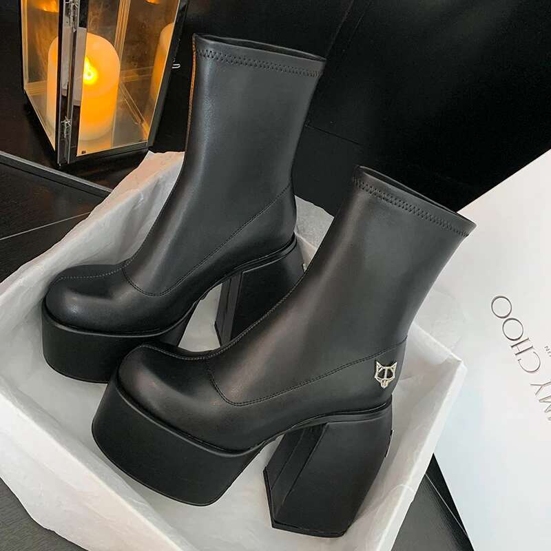 Ins Hot Spice Girl 14Cm High Heel Stretch Women Chunky Platform Punk Style Metal Decroation Designer Boots Sexy Botas Lady