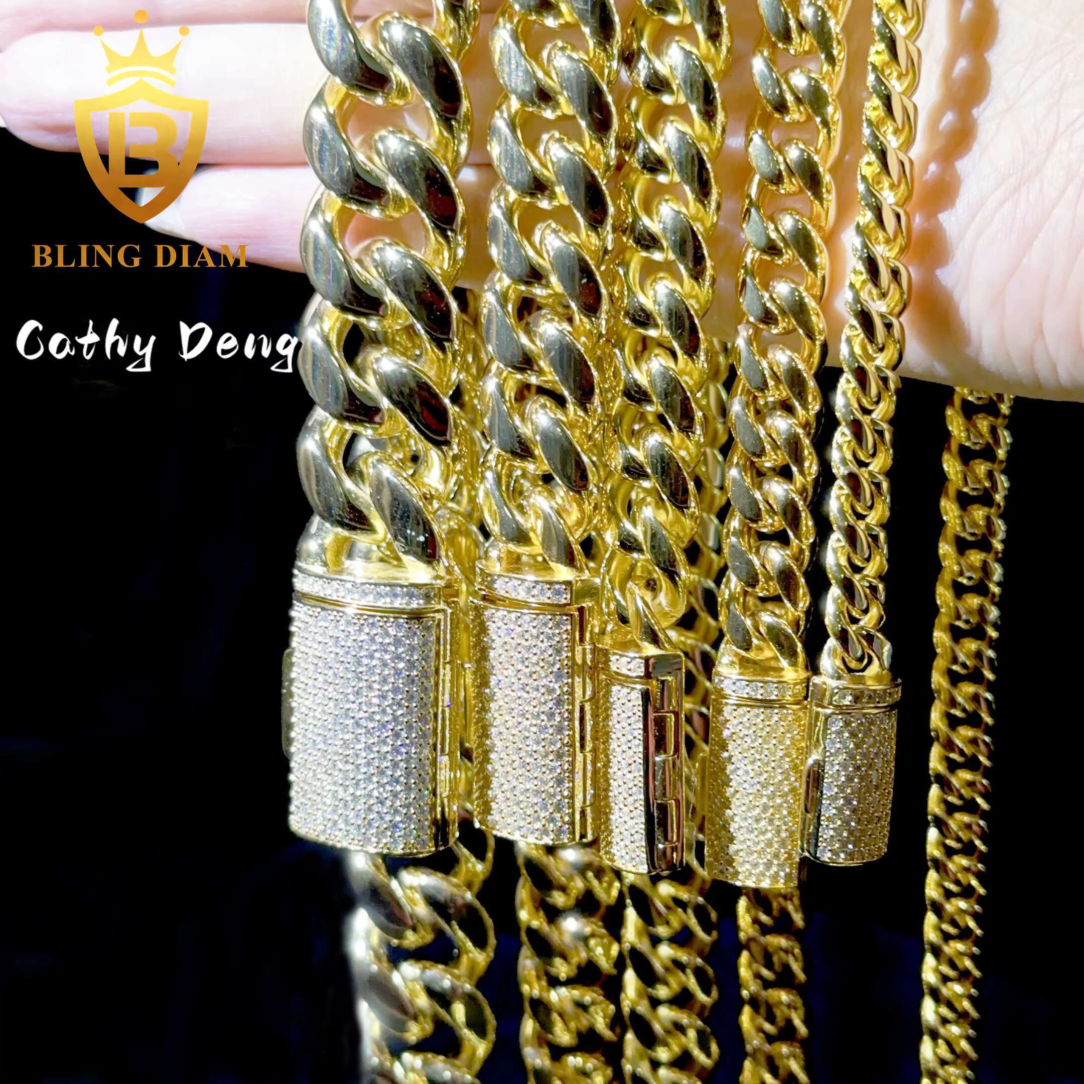 Ready Shipping 8mm 12mm 14mm 18mm 316L Stainless Steel Cuban Chain With 925 Silver Moissanite Clasp Miami Chain for Men Women