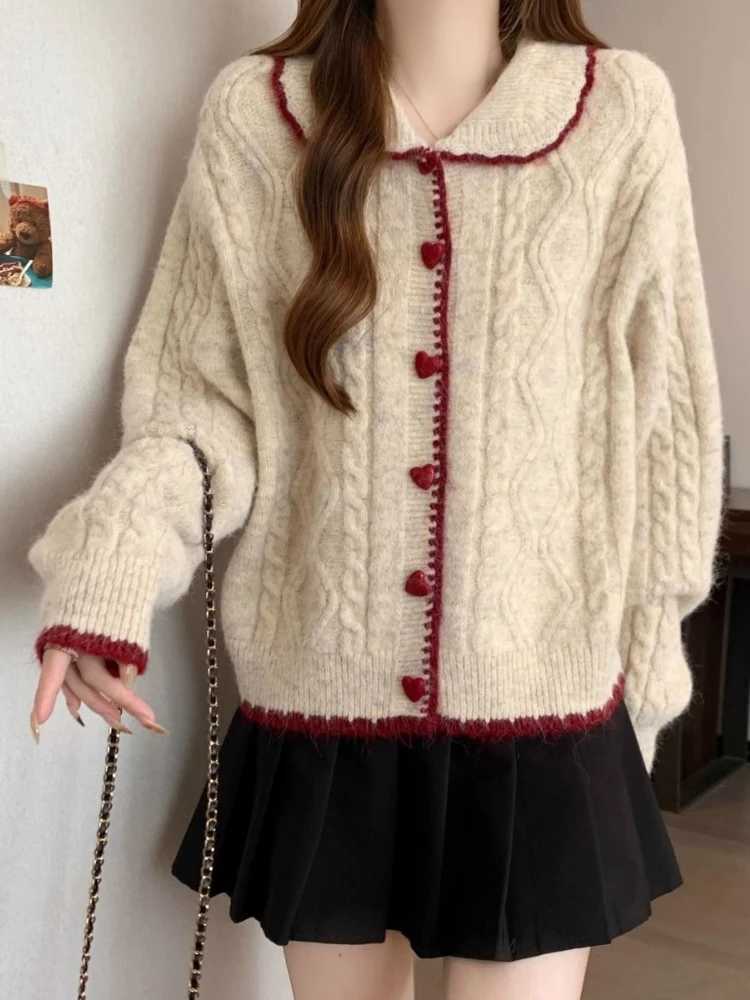 New Loose Sweater Autumn Winter Retro Love Button Knitted Sweater Womens Outer Wear Lazy Style Doll Collar Twist Cardigan TopsT251125