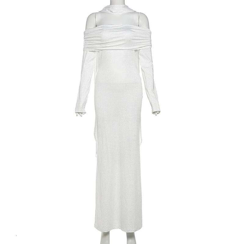Dongdumaoyi Townlike Elegant Maxi Long Slim Bodycon Dress Women Off Shoulder Autumn Winter Diamonds Nightclub Sexy Party Dresses