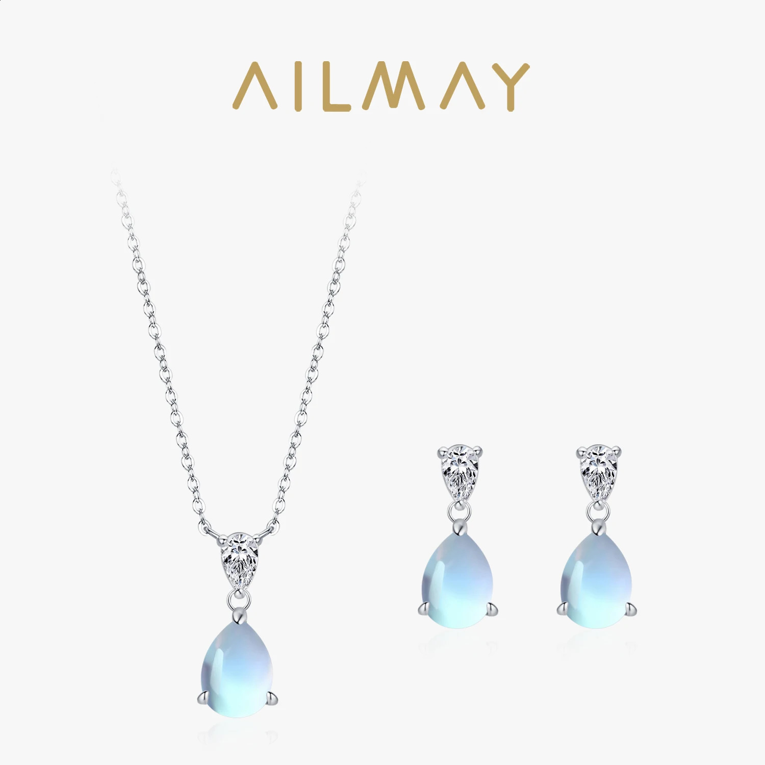 Ailmay 925 Sterling Silver Fashion Water Droplet Moonstone Pendant Necklace Earrings For Women Wedding Engagement Jewelry Set 250417