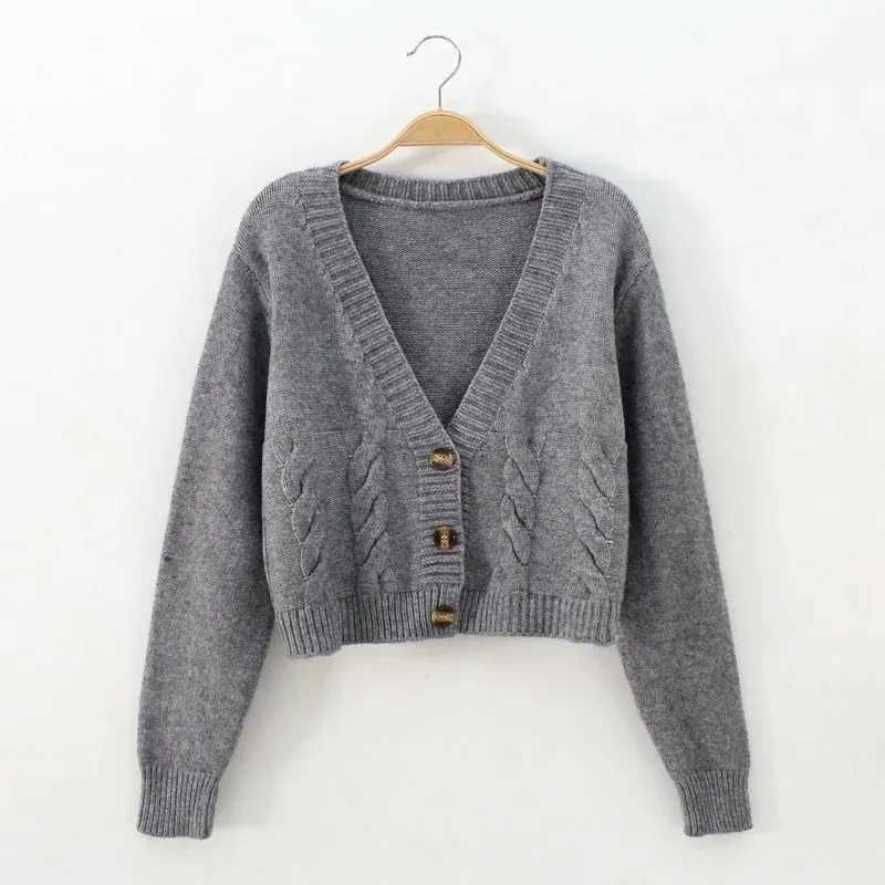 V Neck Cropped Cardigan Women Long Sleeve Twist Knitted Sweater Coats Autumn Winter Keep Warm Korean Fashion Jacket CardiganT251125