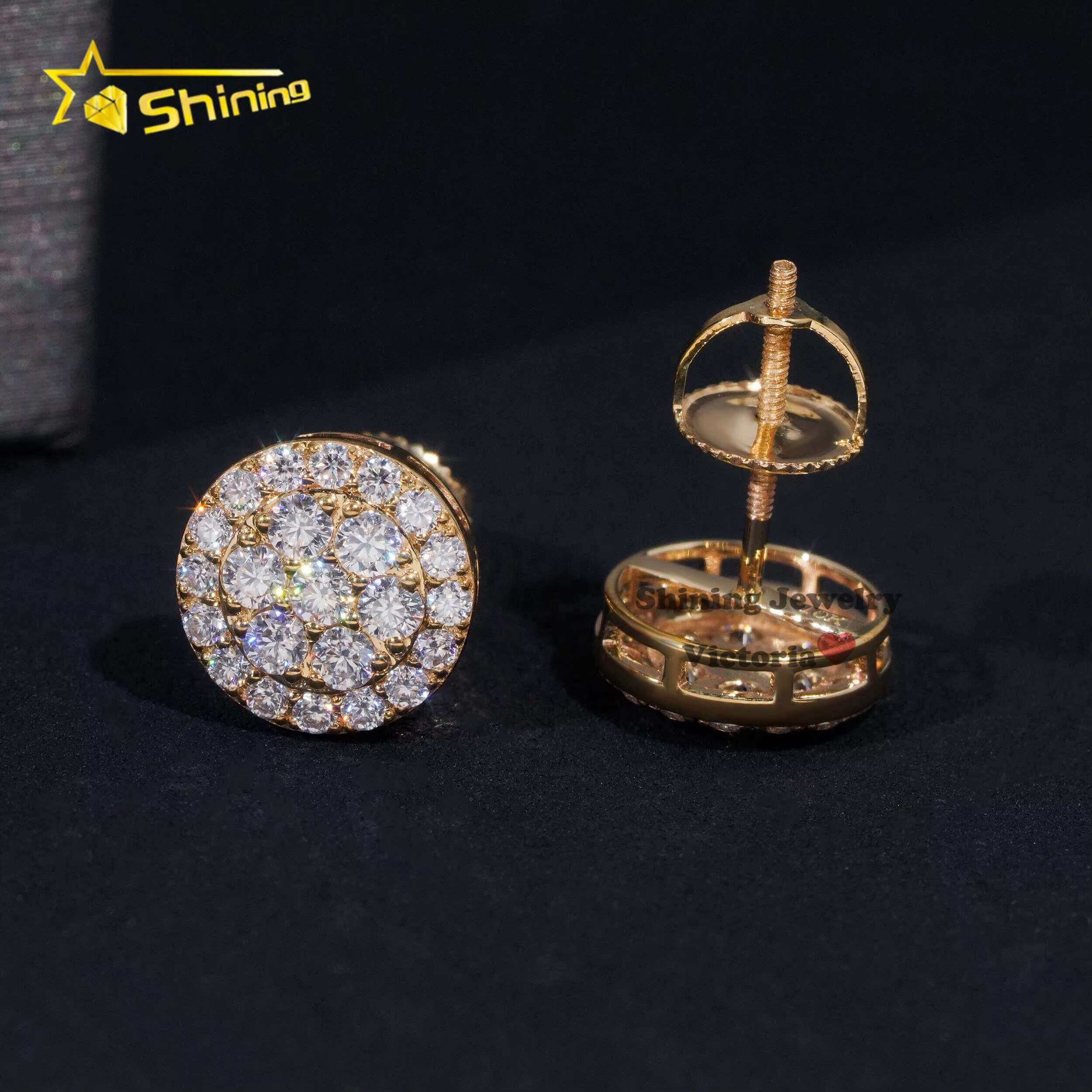 New Arrival Hip Hop Cluster Diamond 10MM Round Shape Screw Back 10K Real Gold Moissanite Stud Earrings