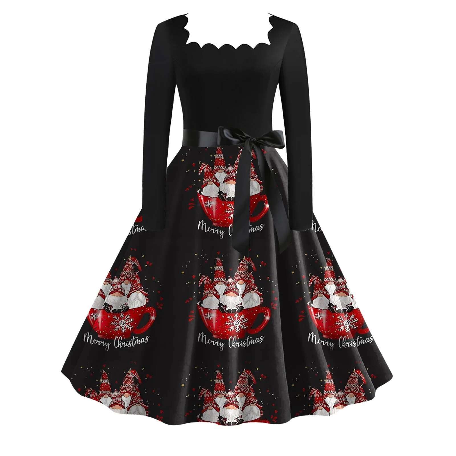 Dongdumaoyi Christmas Dress Women Vintage Long Sleeve V Neck Floral Print Elegant Xmas Party Prom Sundress Winter Clothes Rockabilly