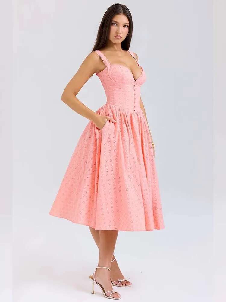 Dongdumaoyi Townlike Elegant Midi Long A Line Dress Women Spaghetti Strap Spring Summer Embroidery Nightclub Sexy Party Dresses